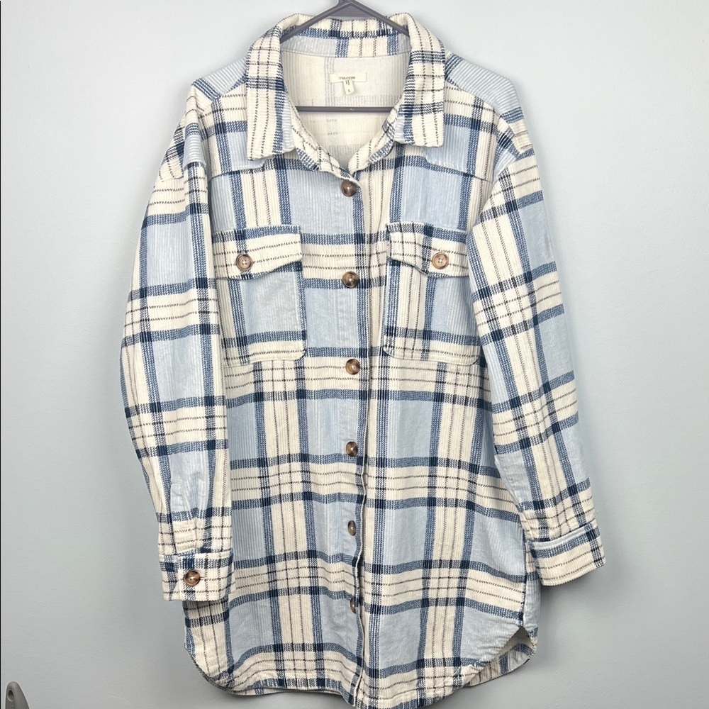 Maurice’s large long length corduroy plaid button up shacket with pockets